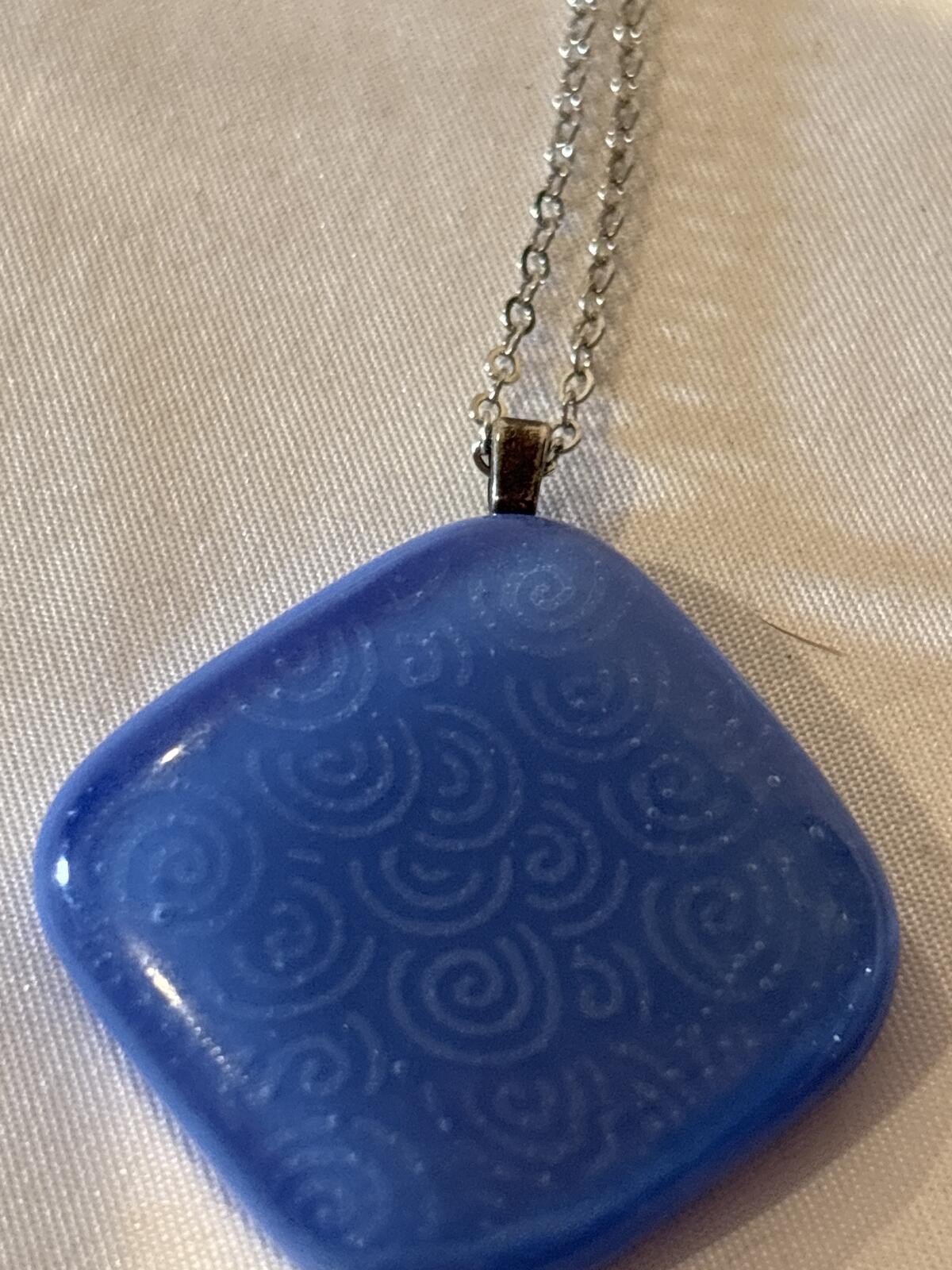 Artisan Made Art Glass Pendant Necklace Blue Swirl Pattern with Silver Chain 22″