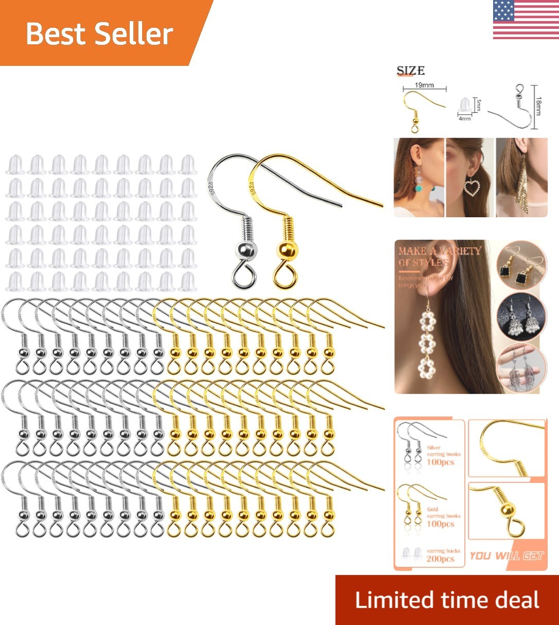 200pcs Hypoallergenic 925 Sterling Silver Earring Hooks with 200 Backs for DIY