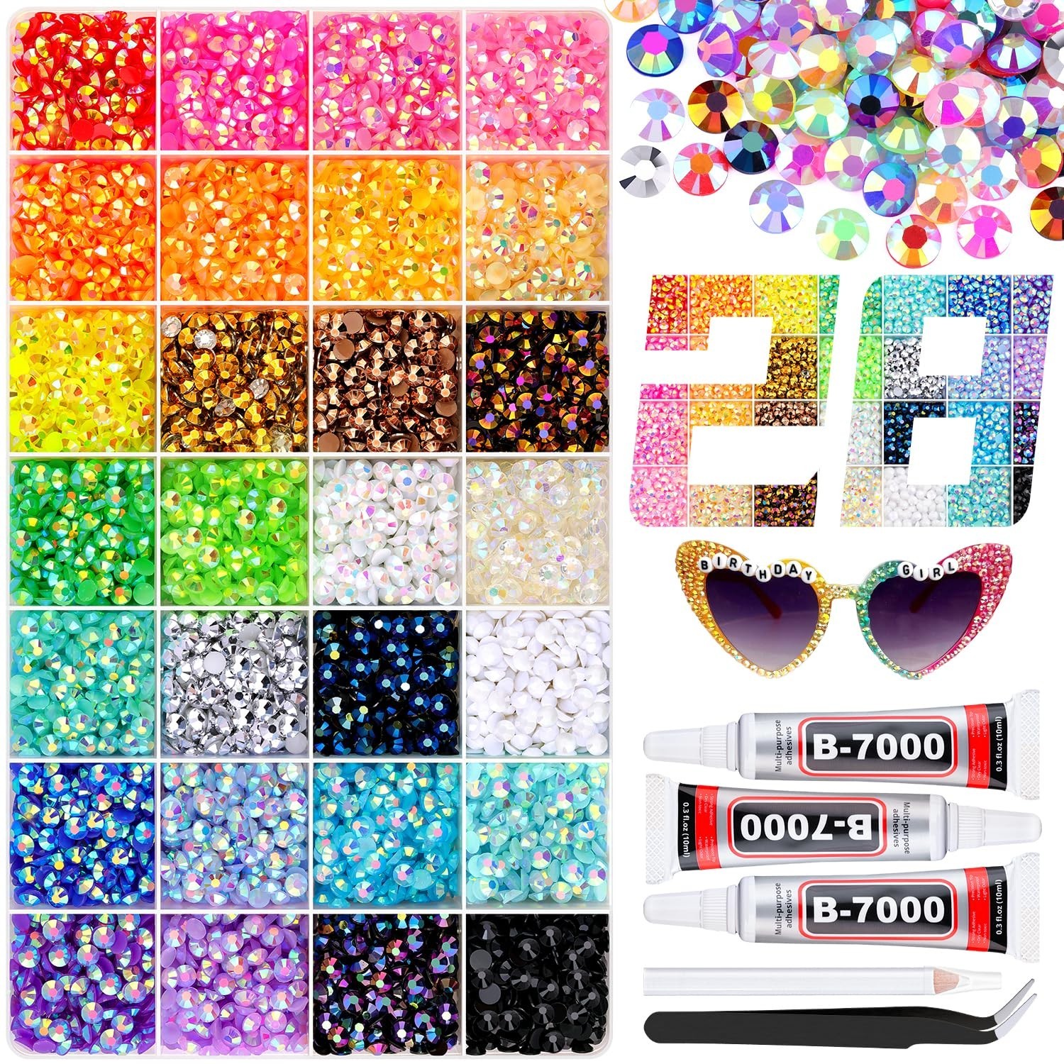 8000Pcs Resin Rhinestones with 3Pcs B7000 Jewelry Glue for Crafting, Multicol…