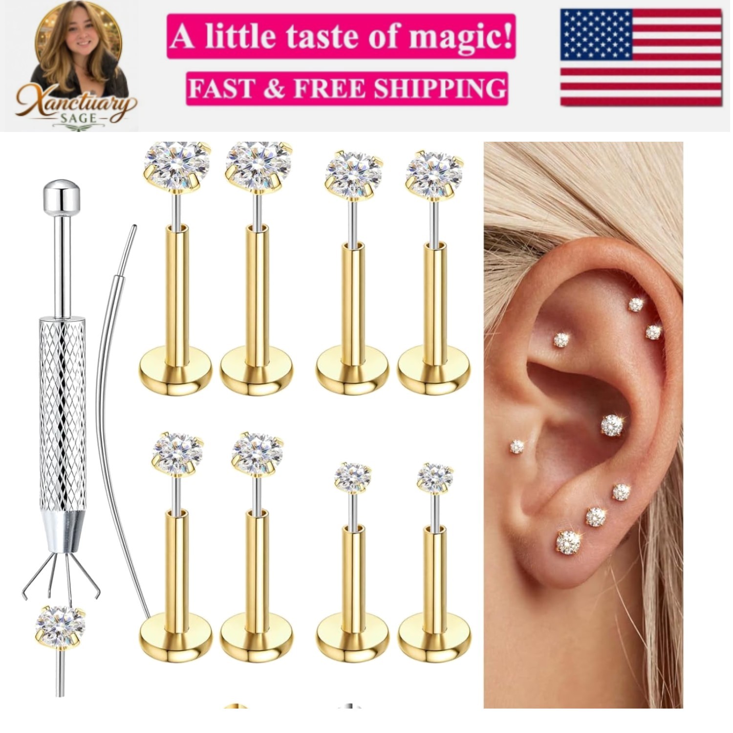 4 Pairs Moissanite Flat Back Earrings Hypoallergenic-Threadless Push in Nose …
