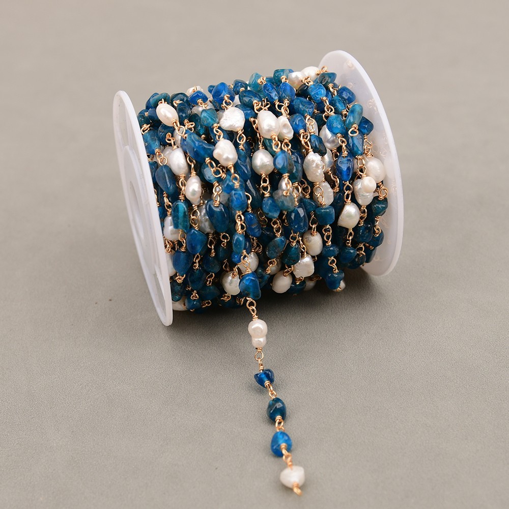 1 Meter Cultured White Keshi Pearl Blue Apatite Stone Chain DIY Jewelry making