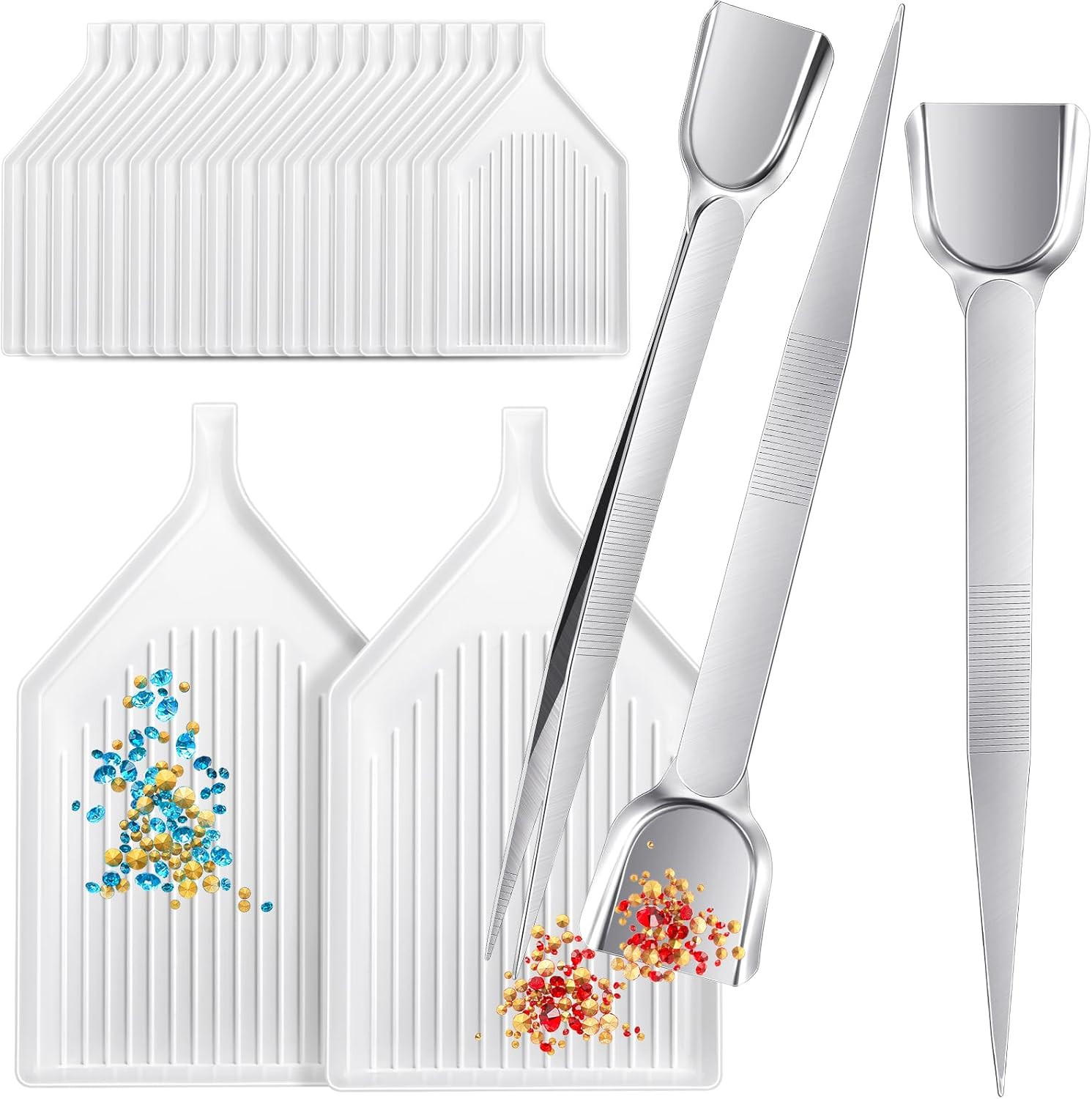20 Diamond Art Trays and 3 Bead Scoops with Tweezers for DIY Jewelry Crafts
