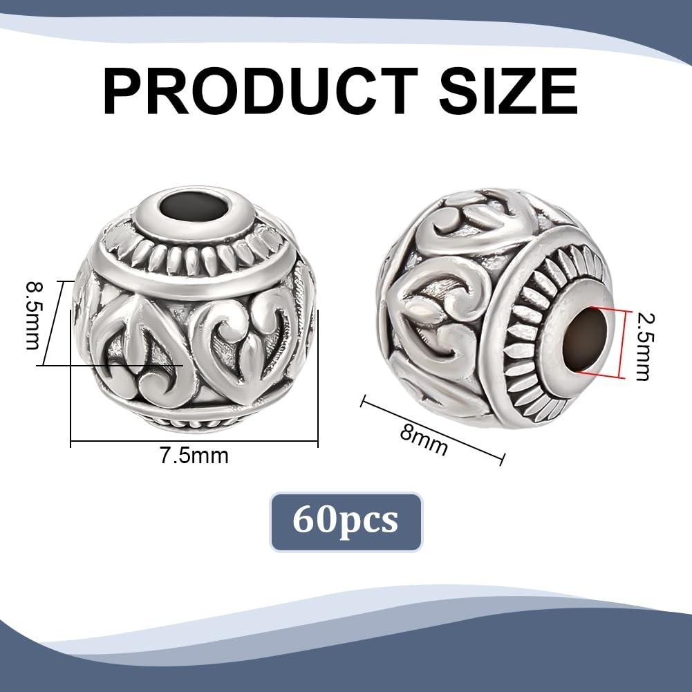 60pcs 8mm Antique Silver Round Spacer Beads for Jewelry Making