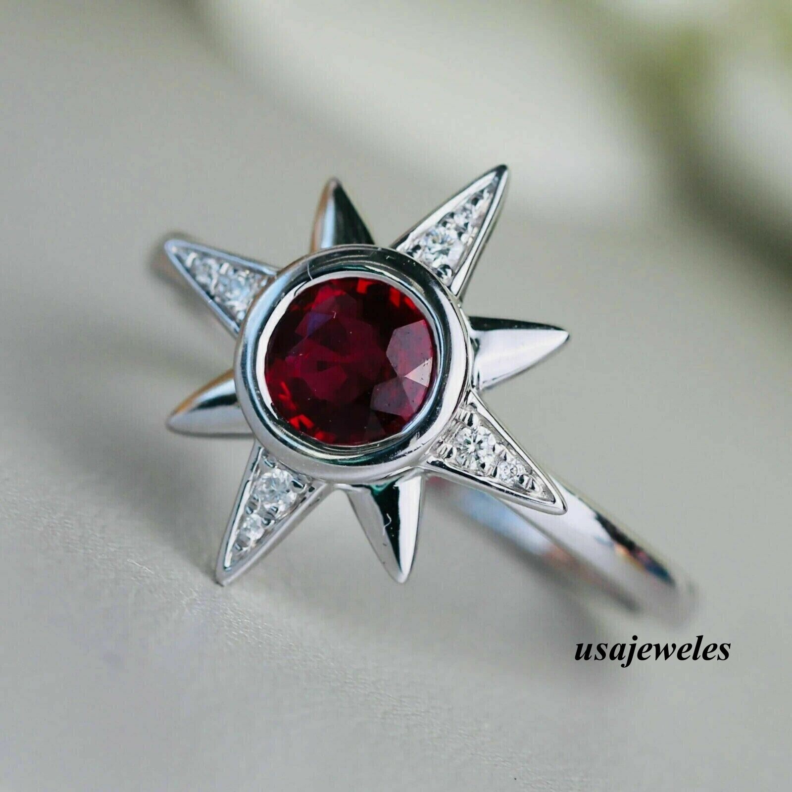 14K White Gold Finish 1.84CT Round Cut Genuine Real Ruby Star Shape Jewelry Ring