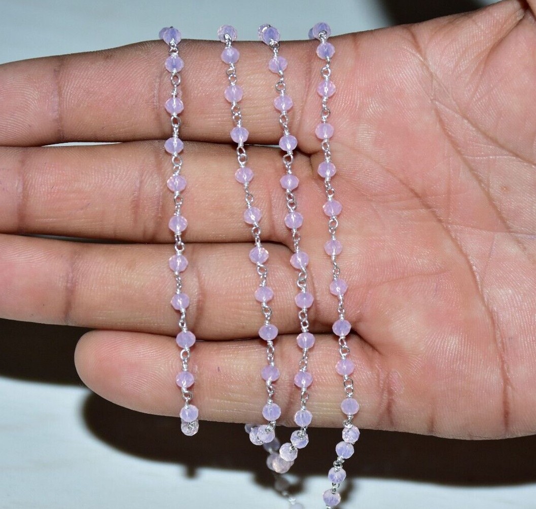 925 sterling silver wire beaded rosary chain. 3mm pink quartz beads bulk chain