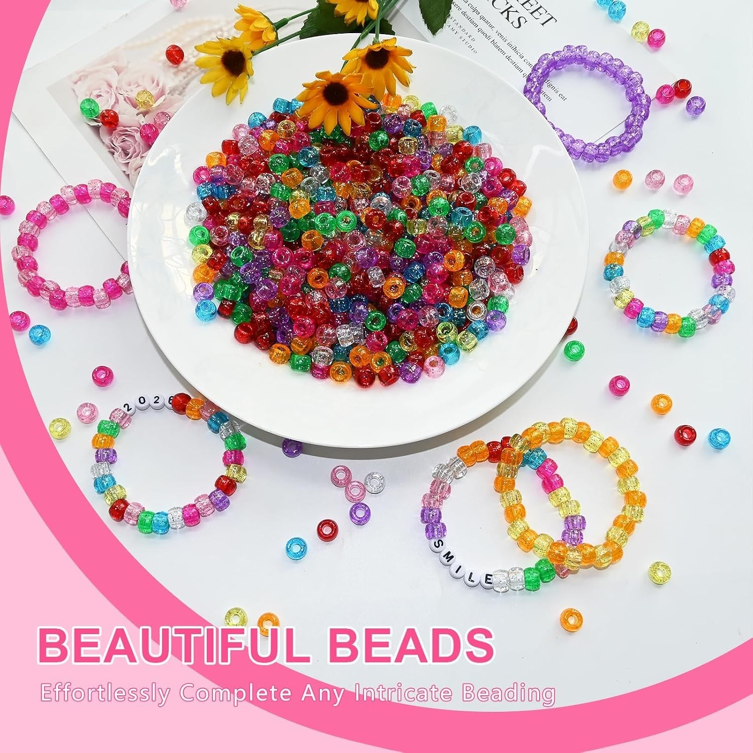 Glitter Pony Beads for DIY: 500 Count 6x9mm Acrylic Beads in Mixed Colors