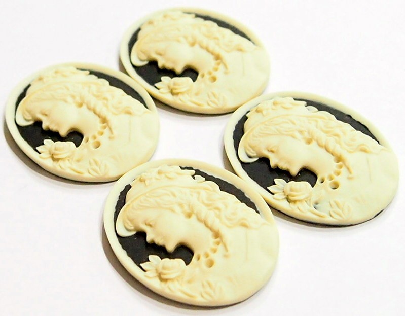 4 of 40x30mm Cream over Black Victorian Women Long Hair Hat Resin Cameo Cabochon
