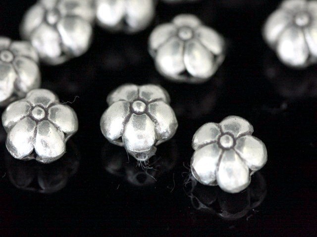 Silver beads Karen hill tribe silver 4 flower puffy beads