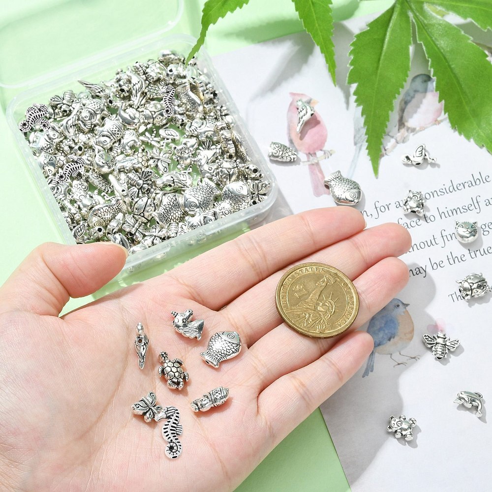 150Pcs Silver Animal Spacer Beads Bear Cat Fish Bead for Bracelet Jewelry Making