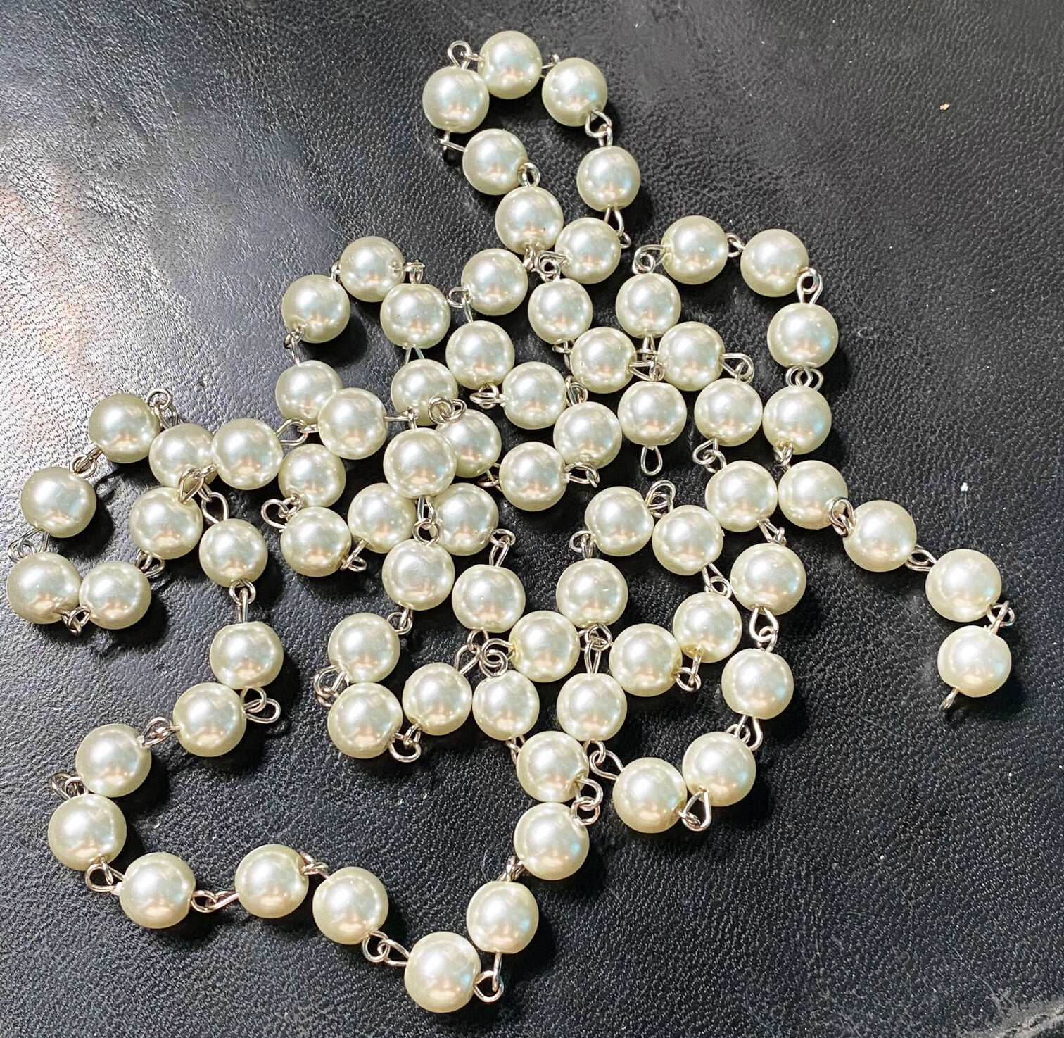 NEW: 1 meter Cream Pearl Glass Rosary Chain Silver link, 8mm round bead garland
