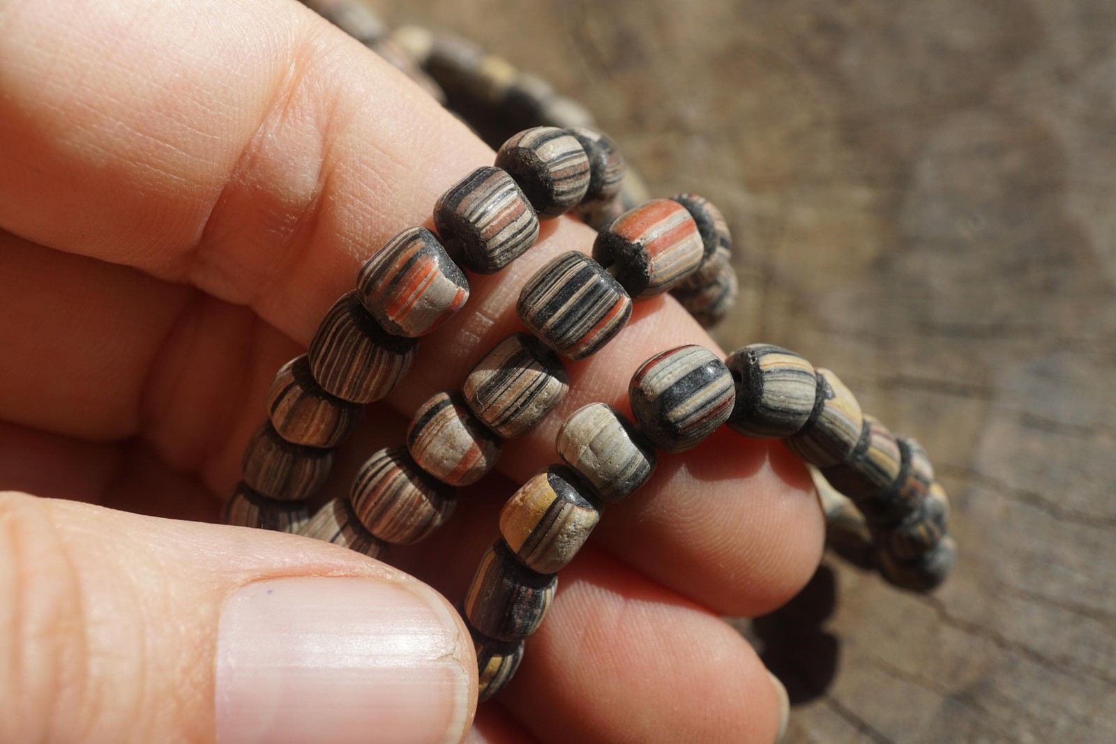 Artisan Made Java Glass Beads: Black with Mixed Colors Stripes (5-6mm), 2895A378