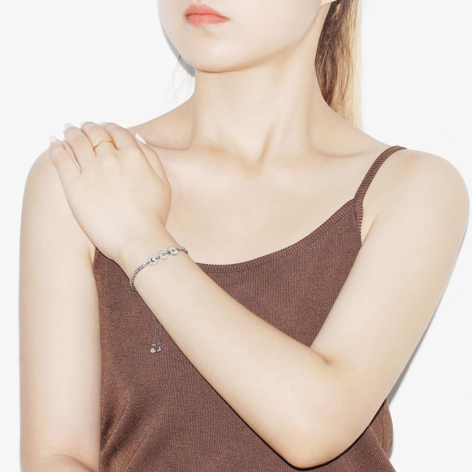 Platinum Plated Star Moon Sun Bracelet -3 Round Charm Tennis Bracelets for Women