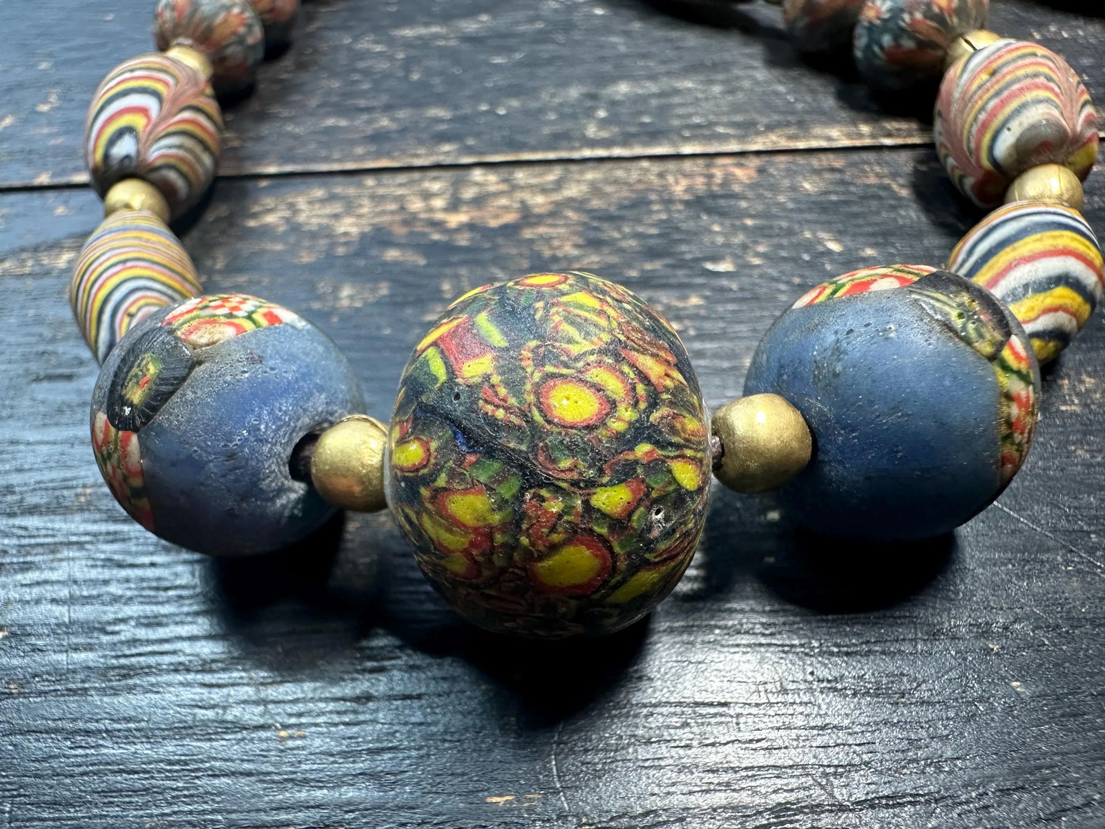 African Krobo Glass Bead Necklace 25” – Striped Powder Glass Beads & Millefiori