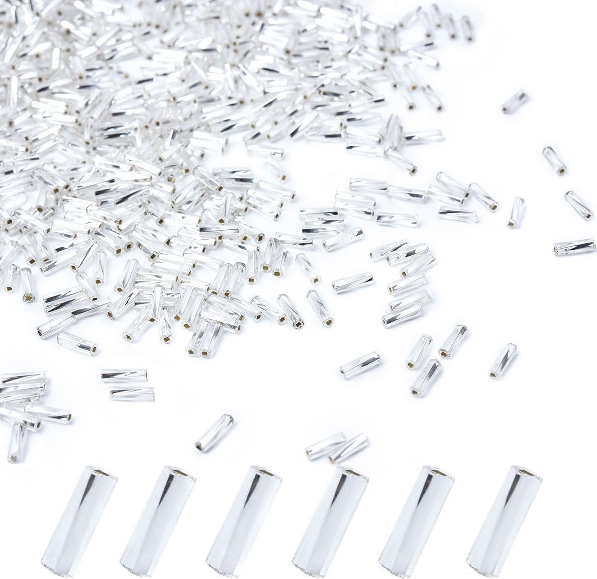 1050Pcs 2X7Mm Silver Glass Bugle Beads Tube Twisted Seed Beads for Earring Brace