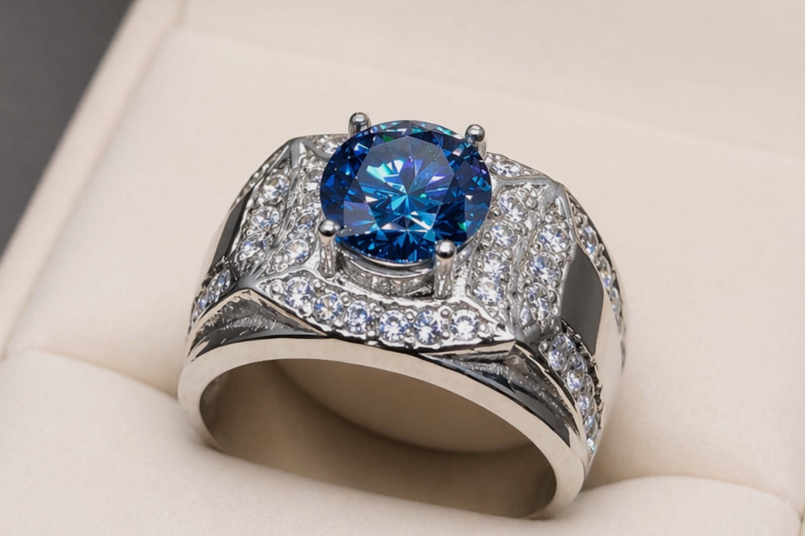 Blue Moissanite Diamond Sterling Silver 925 Handmade Women Elegant Channel Ring
