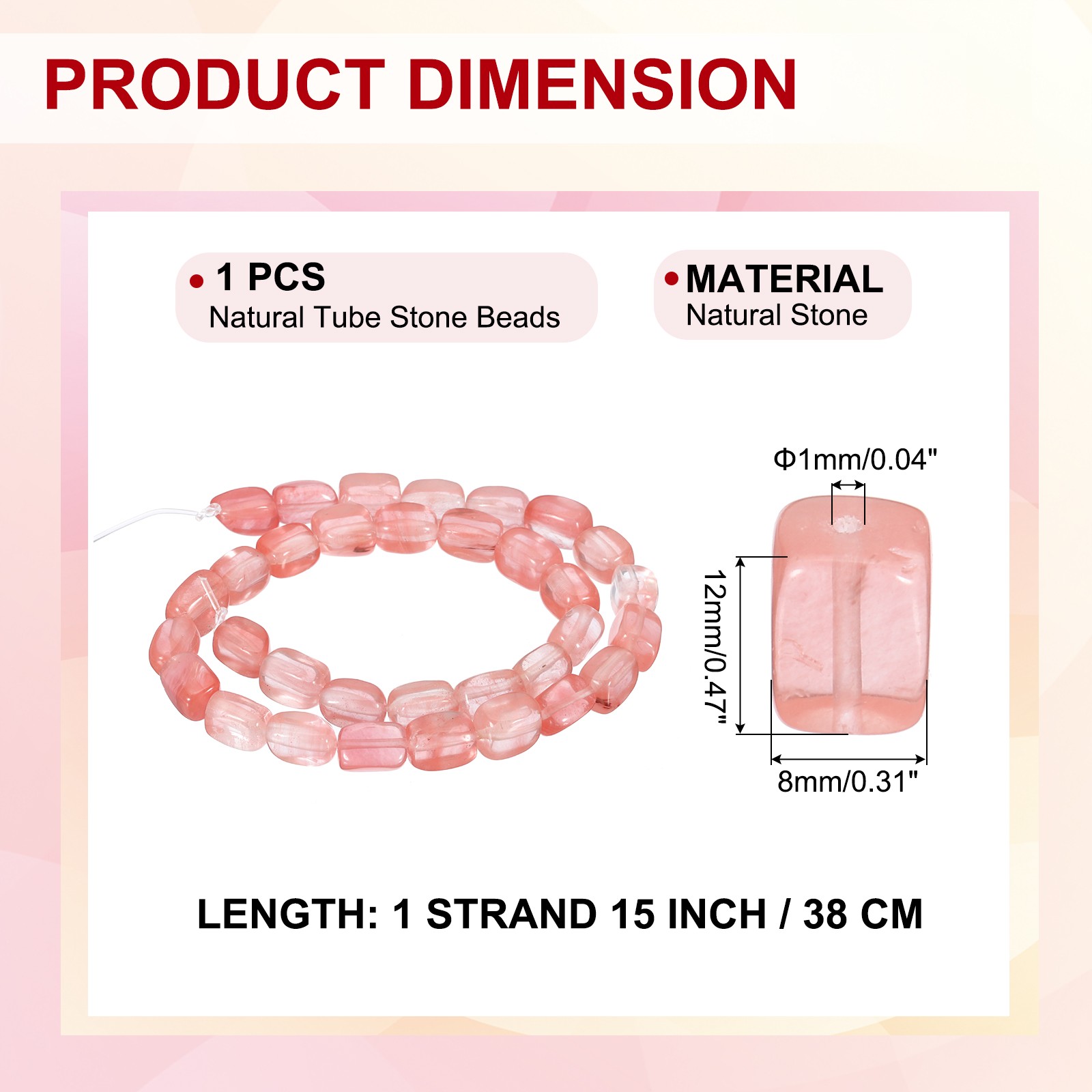 Natural Stone Gemstone Beads 15″ 12x8mm Cuboid Spacer Bead, Watermelon Red