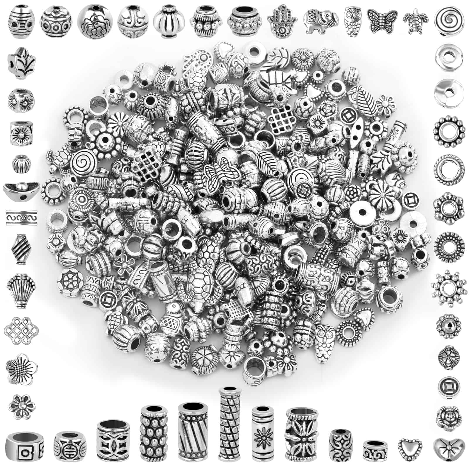 350 Pcs Silver Spacer Beads for Jewelry Making, Mixed Bulk Small, Silver1