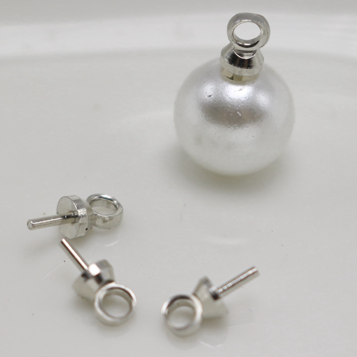 100 Silver Tone Eye Pin Pendant Connector Bail For Half-Drilled Pearl with 3mm