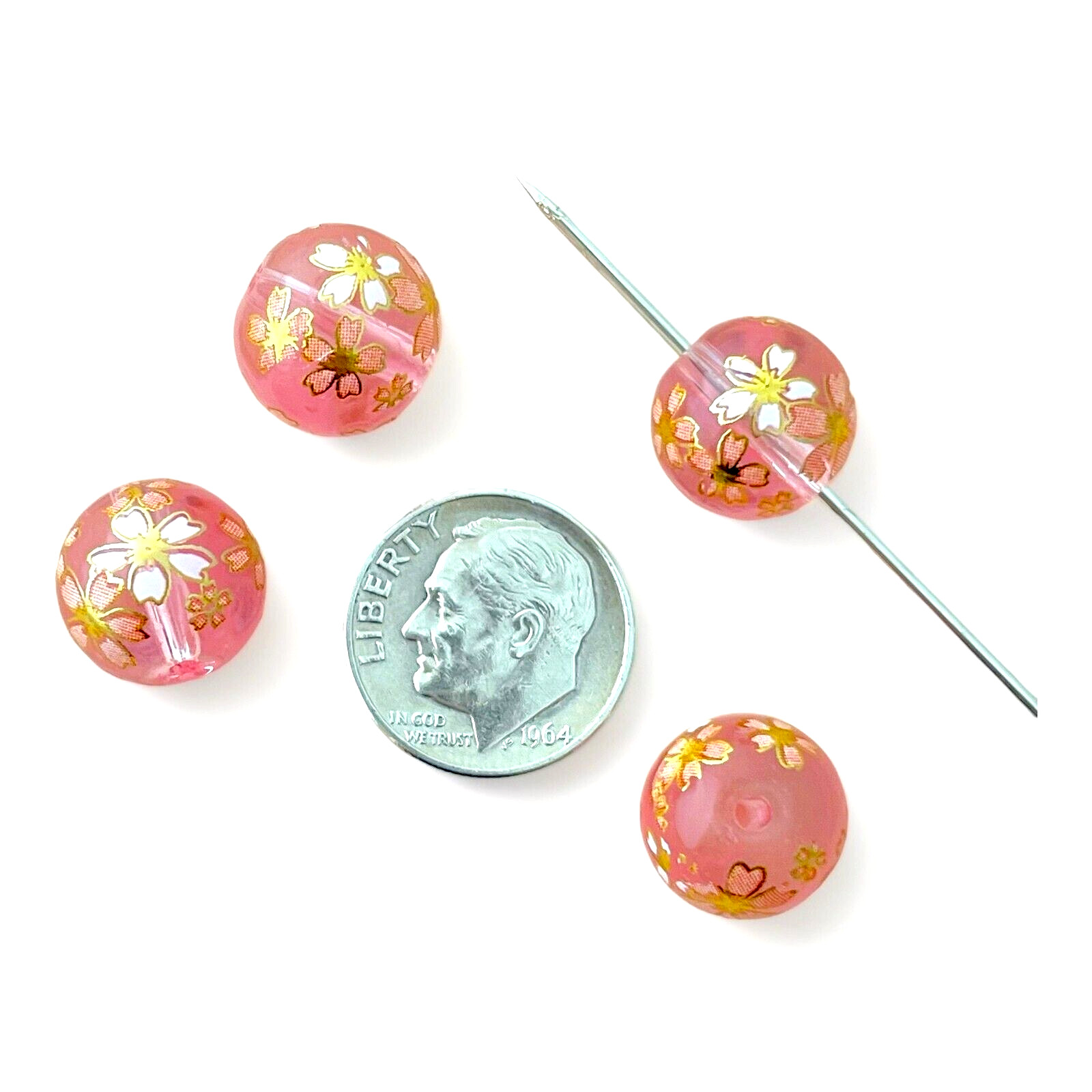 5 pcs Japanese Tensha Glass Beads Transparent Pink Cherry Sakura Blossoms 12mm