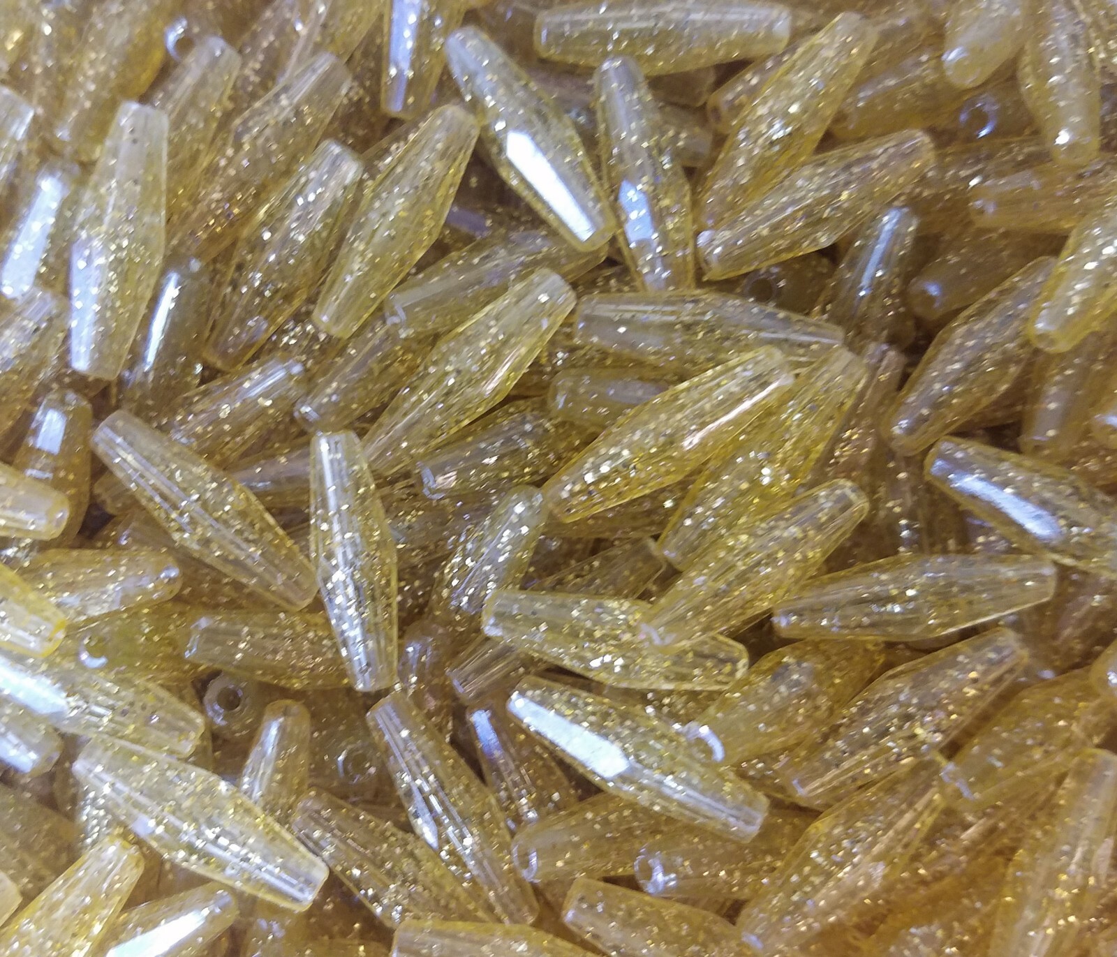 500 pcs Clear Gold Glitter Plastic Elongated Bicone 18mm x 6mm Craft Beads