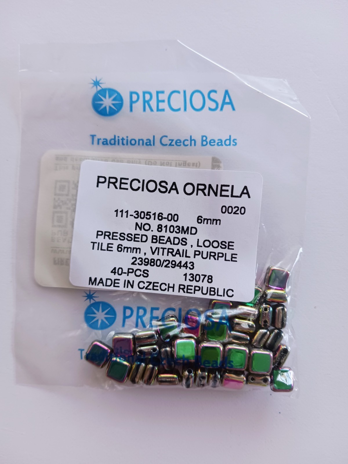 Fire Mountain Preciosa Pressed Glass Beads -Purple Square – 6x6mm -40 pcs. – NEW
