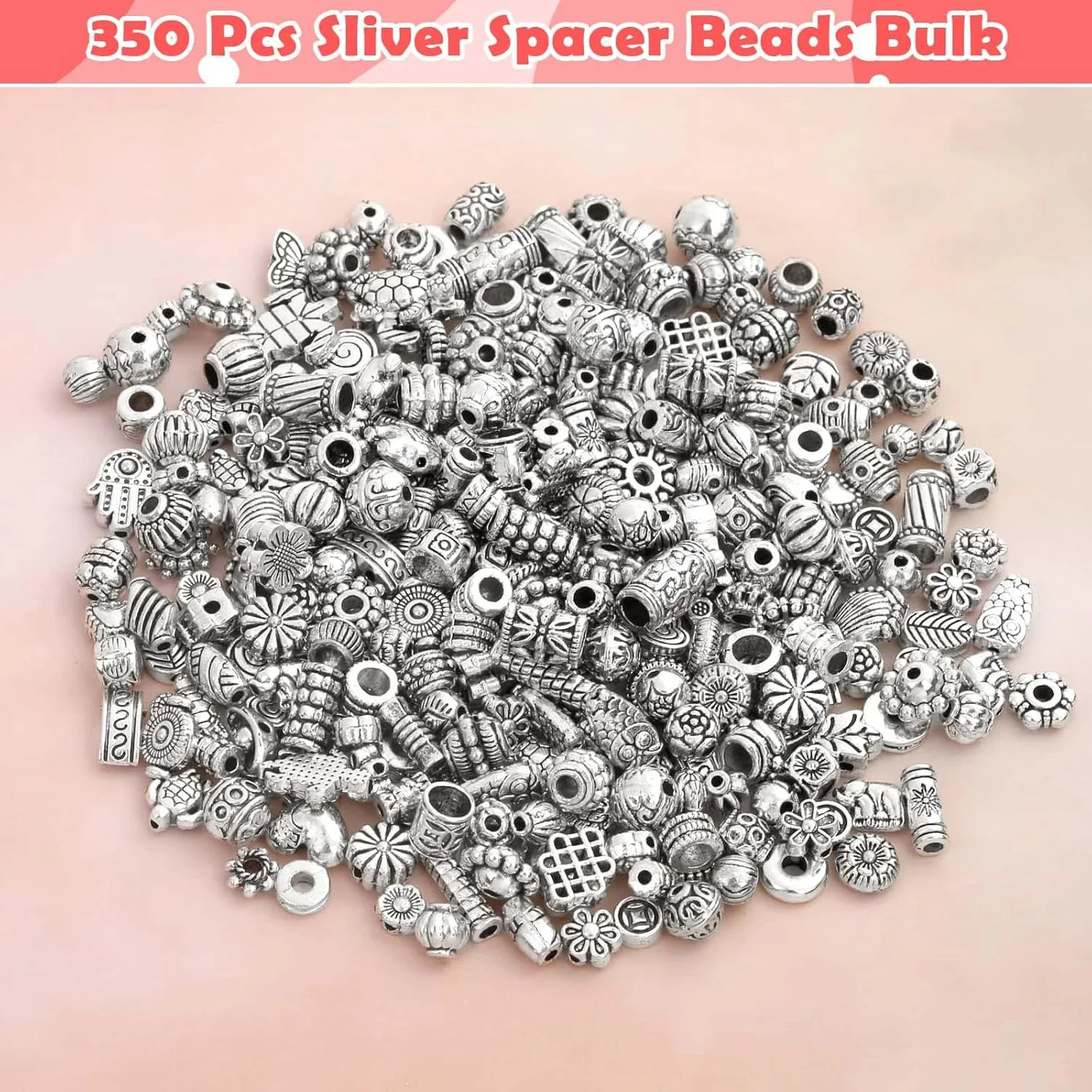 350 Pcs Silver Spacer Beads for Jewelry Making, Mixed Bulk Random Styles Metal B