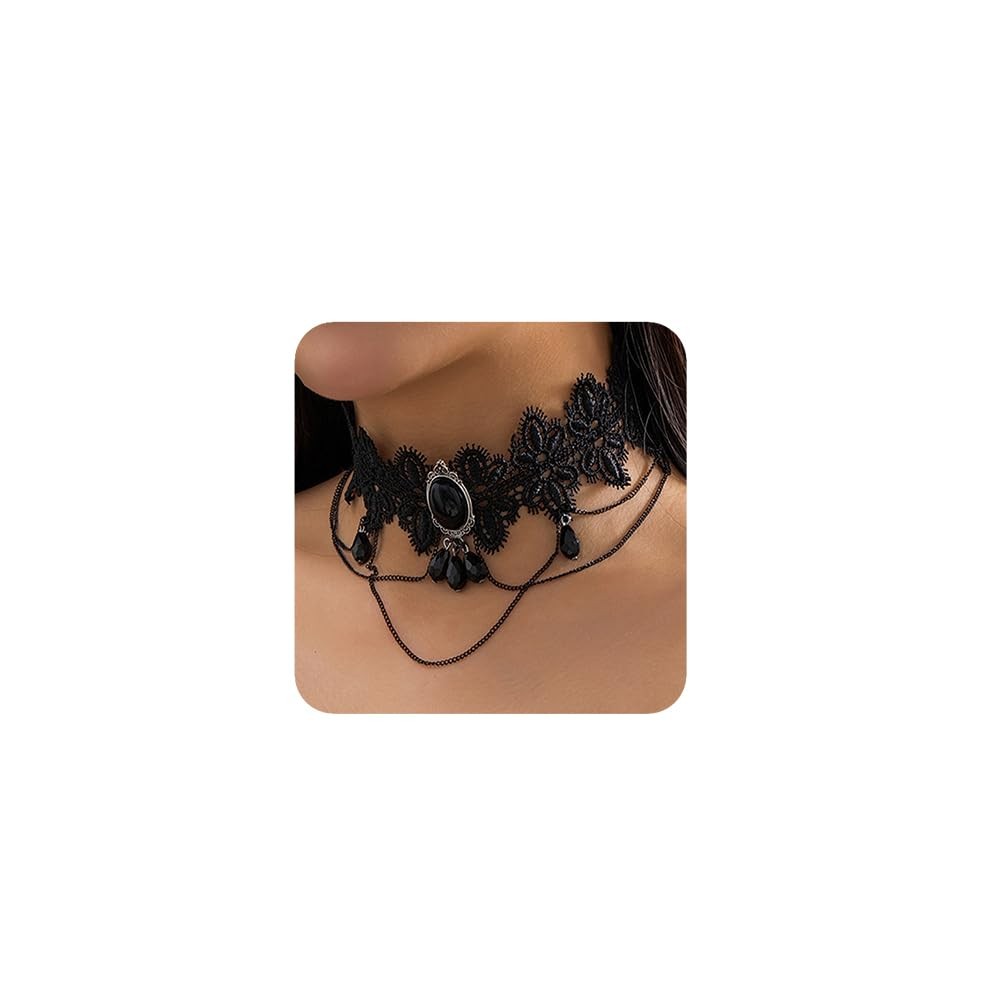 Black Halloween Tassels Choker Necklace Boho Fashion Prom Shinny Crystal Punk Bl