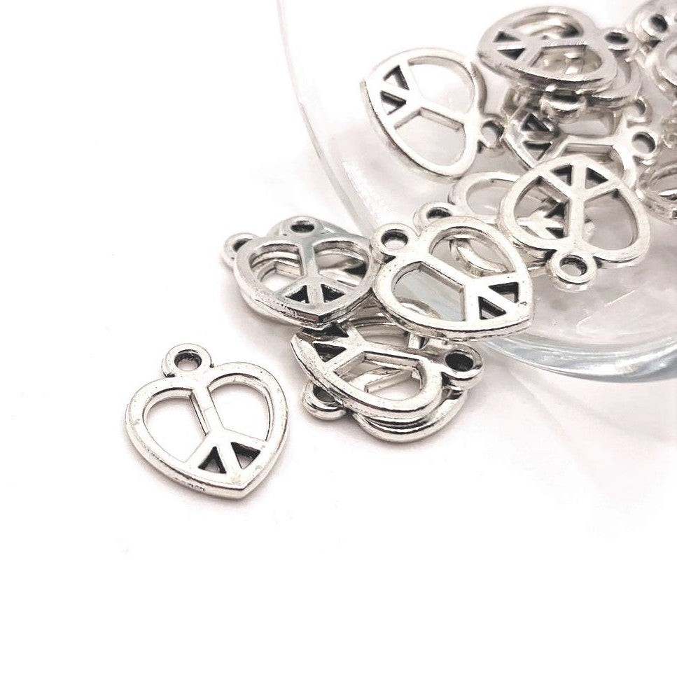 Silver Peace Heart Hippie Charms, 14x11mm – US Seller