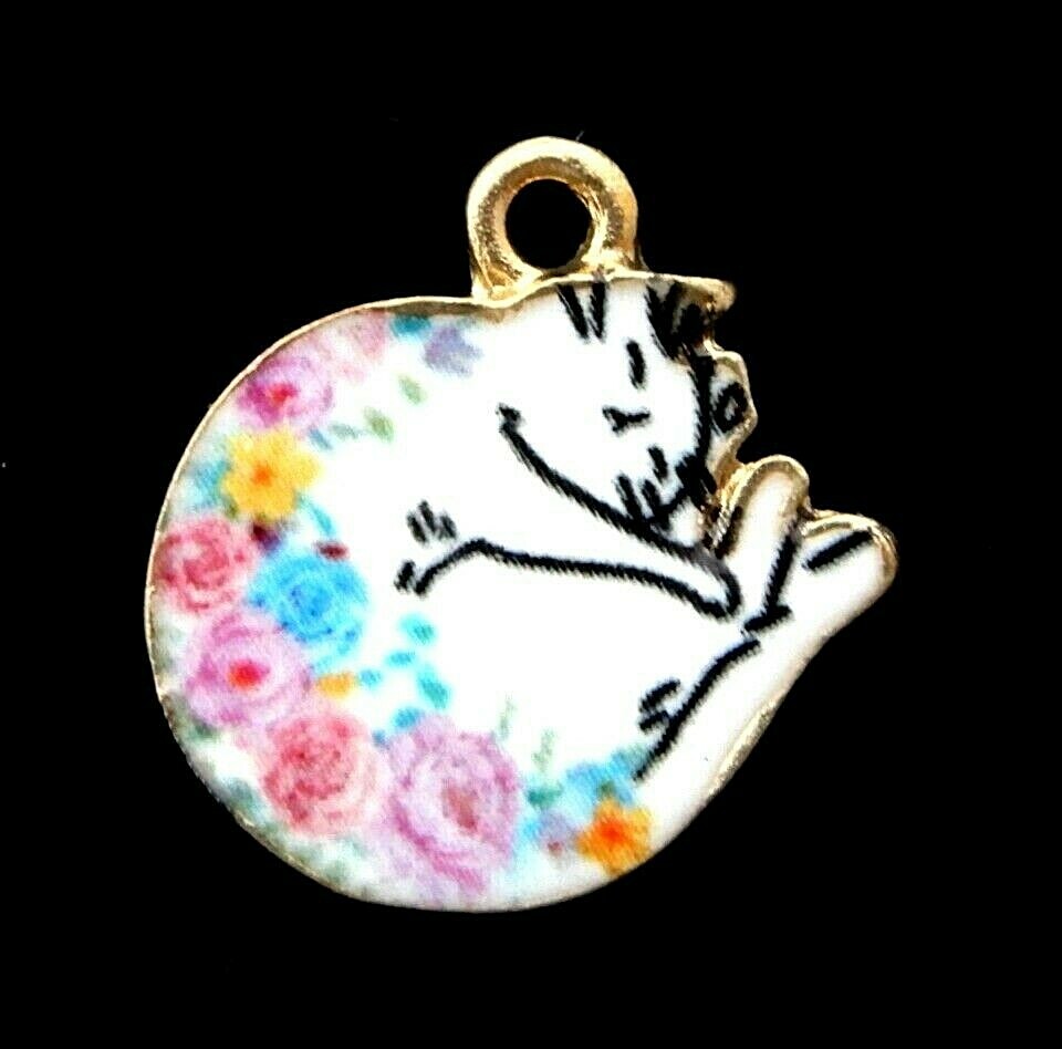10 Enamel Sleeping Curled Up Kitty Cat White Gold Bead Drop 15mm Charms Pendants