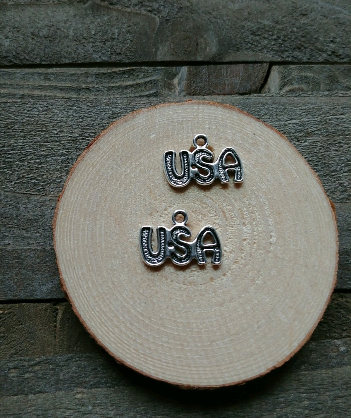 2 USA Charms United States of America Pendants Antiqued Silver Word Findings