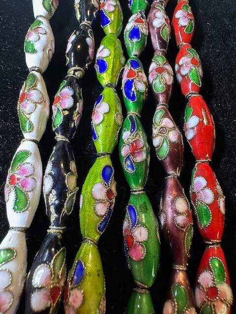 Pair Vintage Chinese Cloisonne Enamel Beads Long Tapered Tube Flowers 20mm x 7mm
