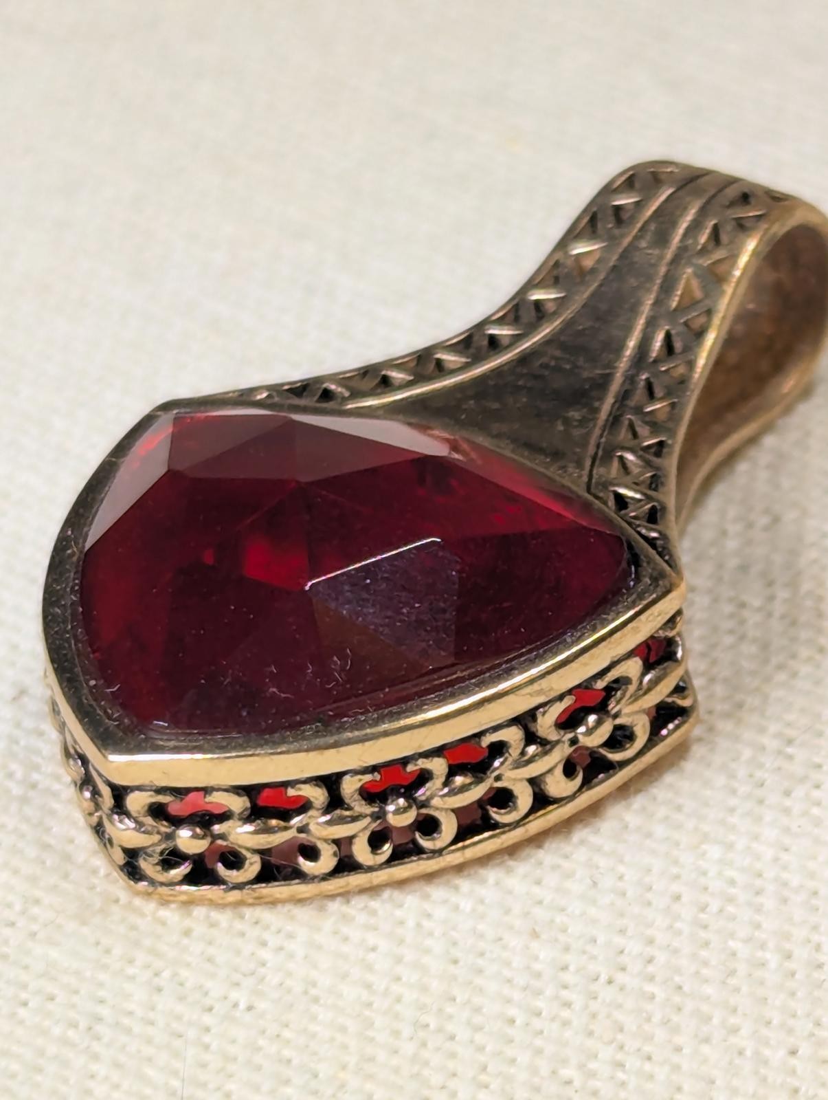 Barse Red Glass Pendant with Intricate Metalwork, Marked “Barse Thailand”