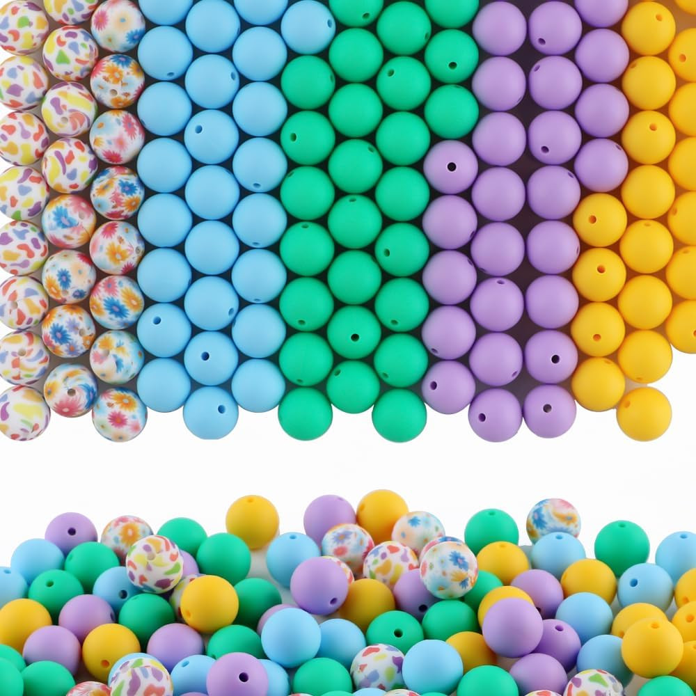 150Pcs Mixed Color 15mm Silicone Beads for Keychain Making, Blue Purple Flower P