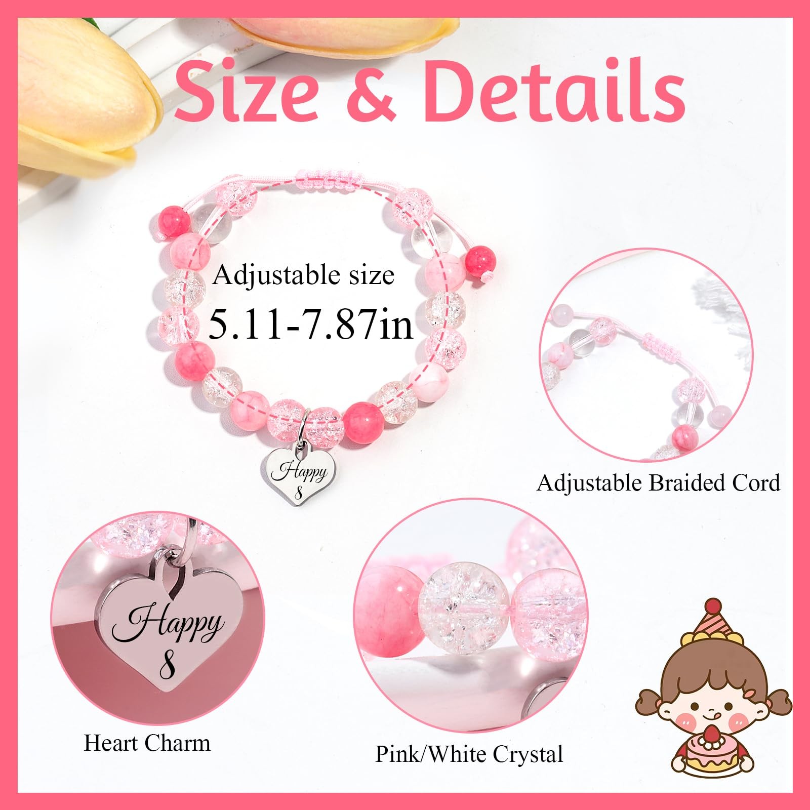 Birthday Bracelets Gifts for 1 2 3 4 5 6 7 8 Year Old Girls, Pink and white crys