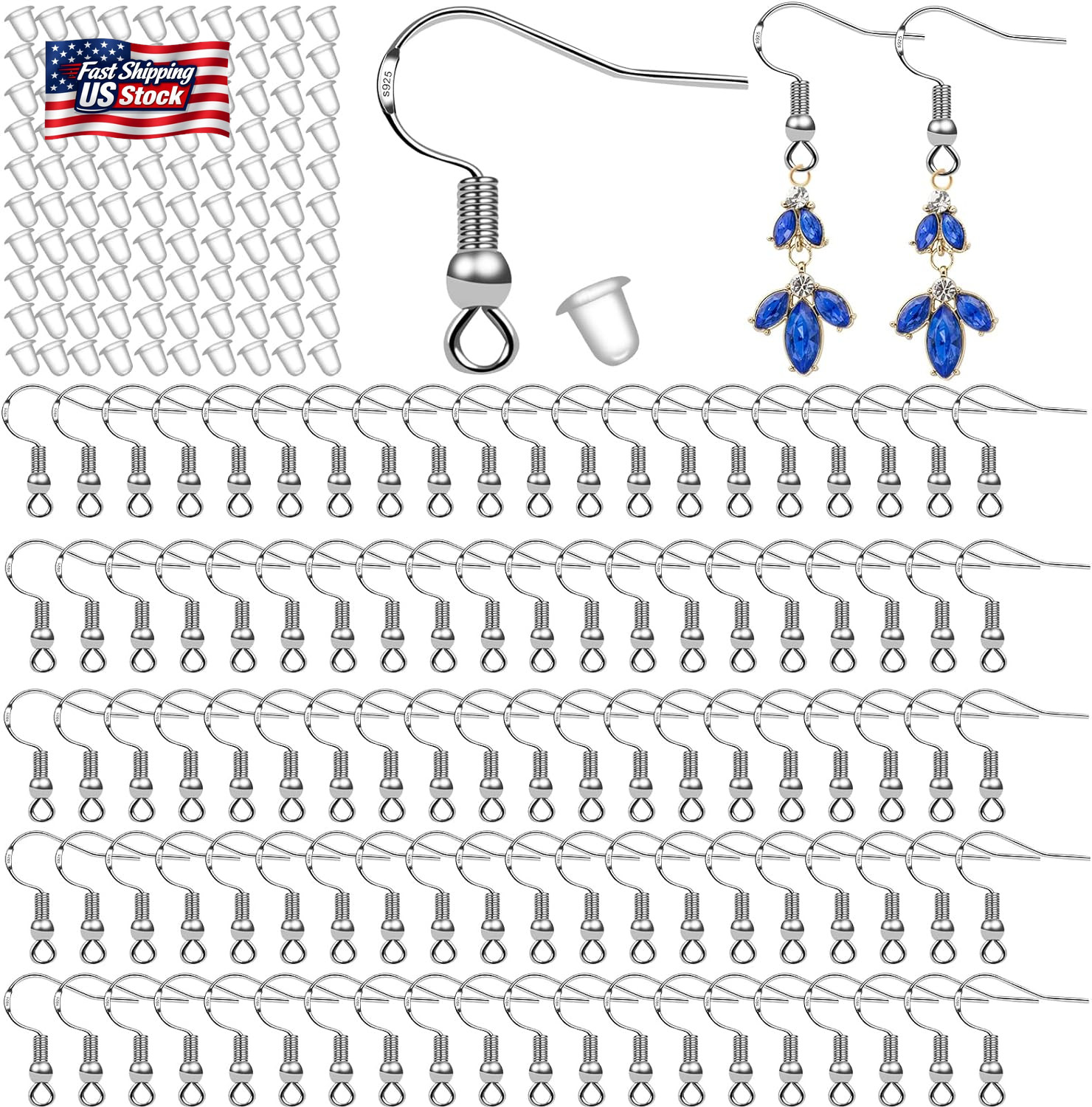 100 PCS/50 Pairs 925 Sterling Silver Earring Hooks Fish Hook Ear Wires French Wi