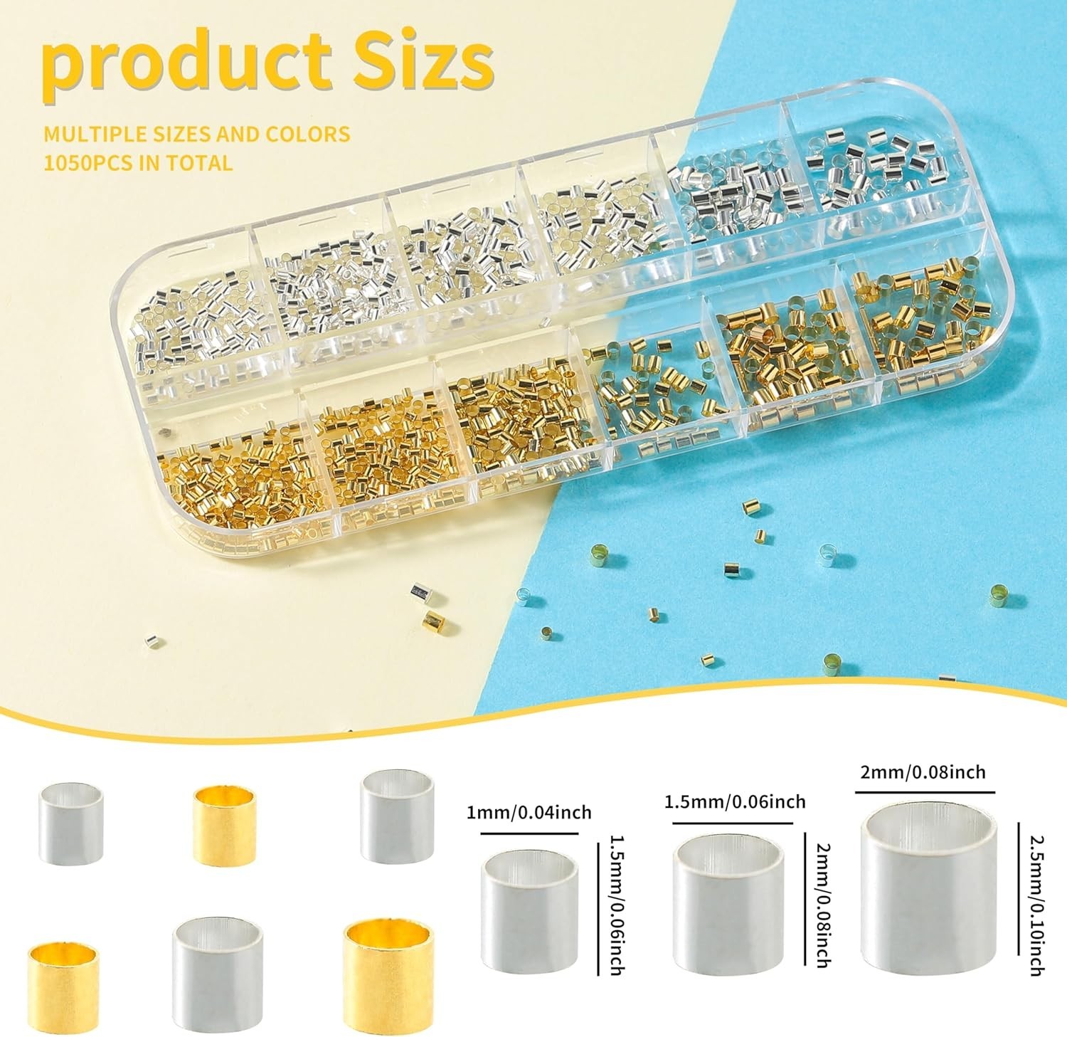 1050 Pcs Silver and Gold Crimp Beads for Jewelry Making, 1.5mm 2mm 2.5mm Crimpin