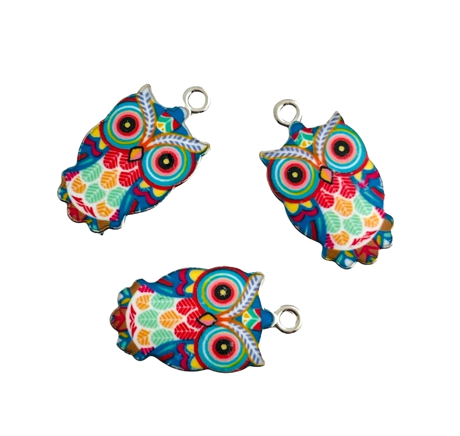 10 Multicolor Bright Colorful Enamel Owl Silver Bead Drop 23mm Charms Pendants