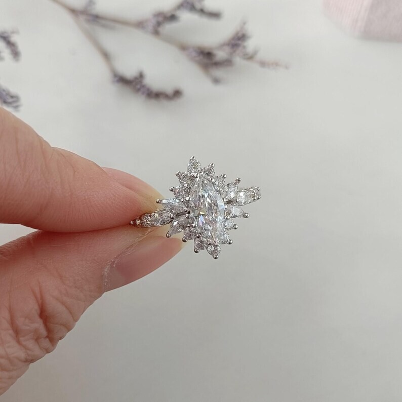 Marquise Cut Halo Engagement Ring – Vintage Style Moissanite Diamond Ring