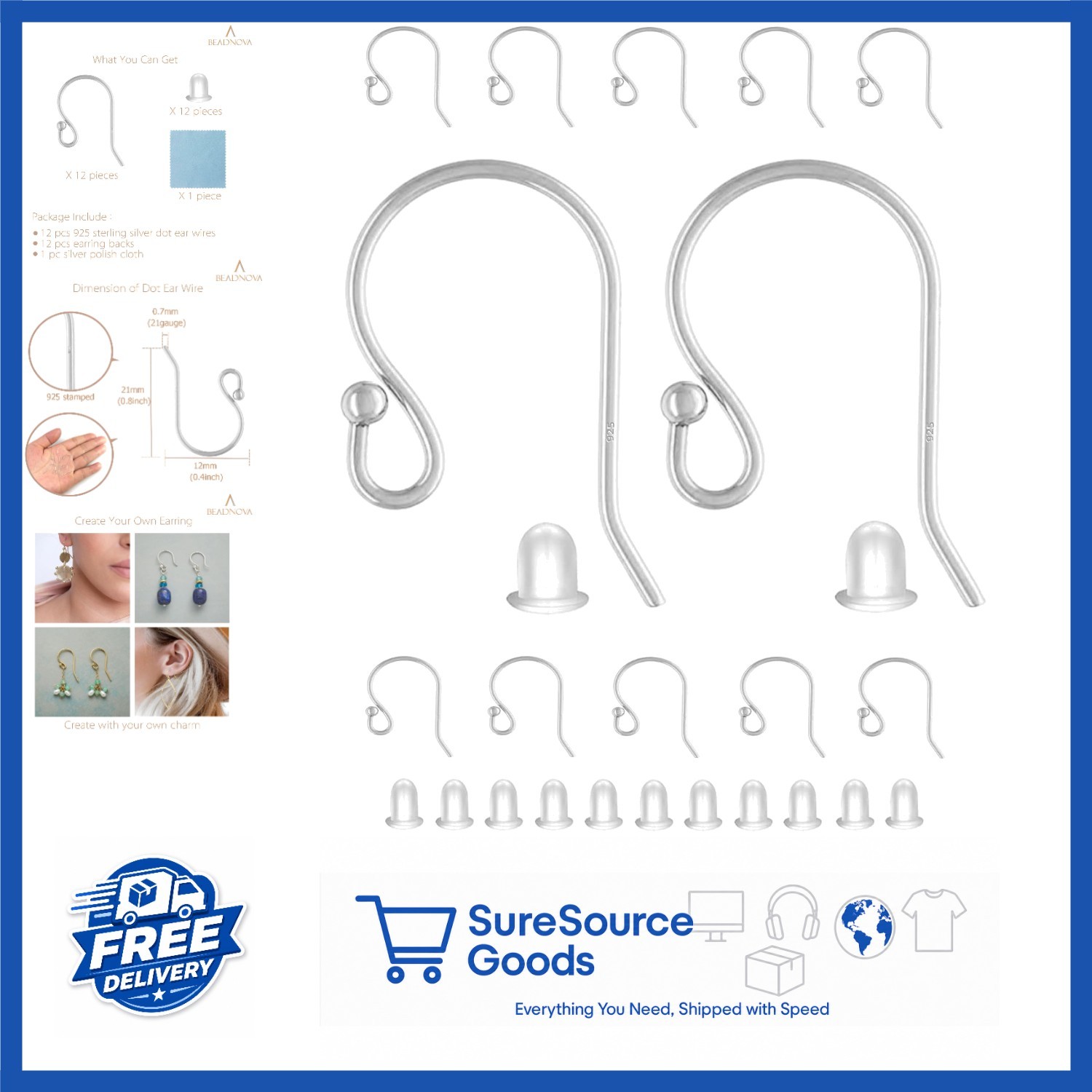 Earring Supplies 24pcs 925 Sterling Silver Hooks with Rubber Backs for Crafting