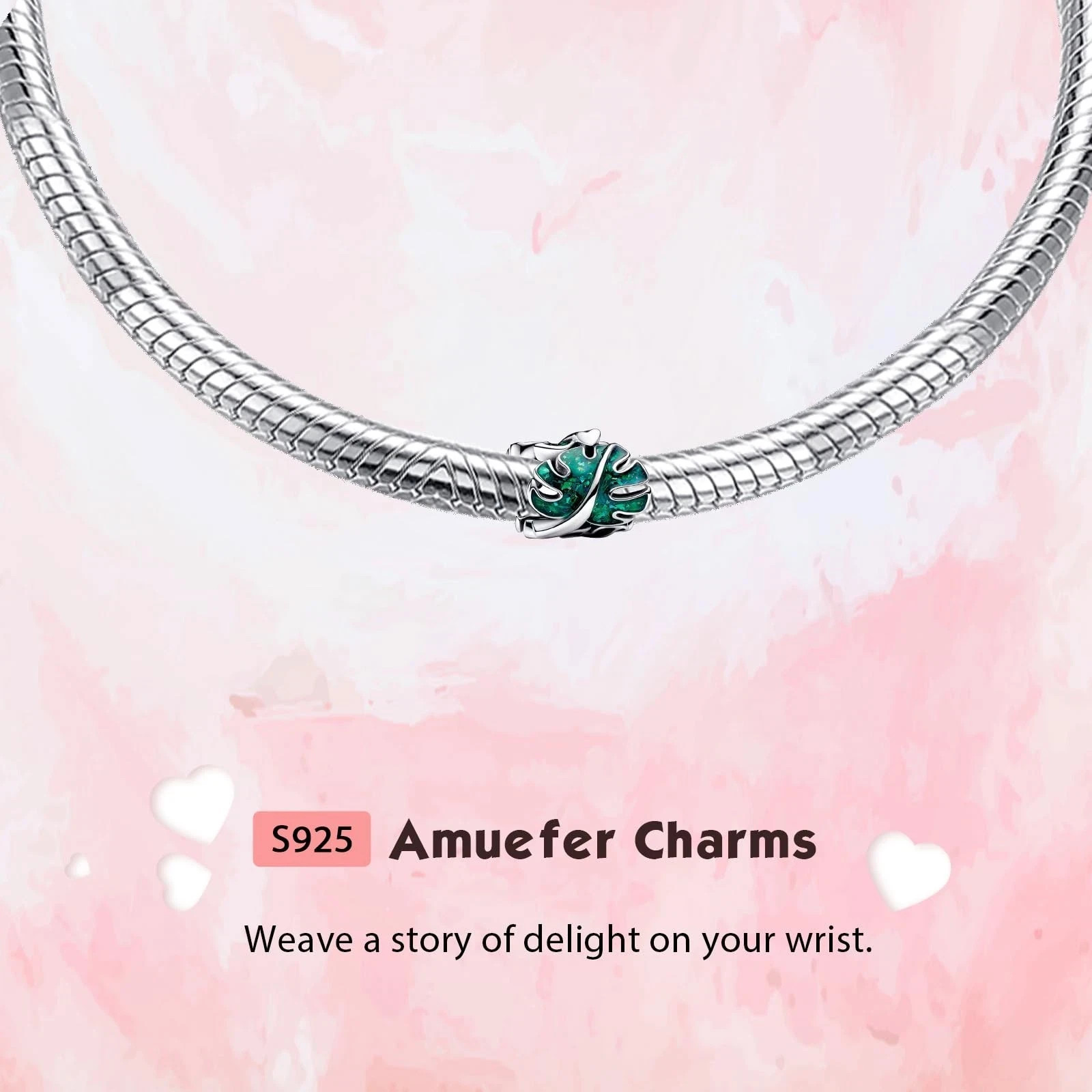 Green Monstera Leaves Charms for Bracelets 925 Sterling Silver with Cubic Zircon