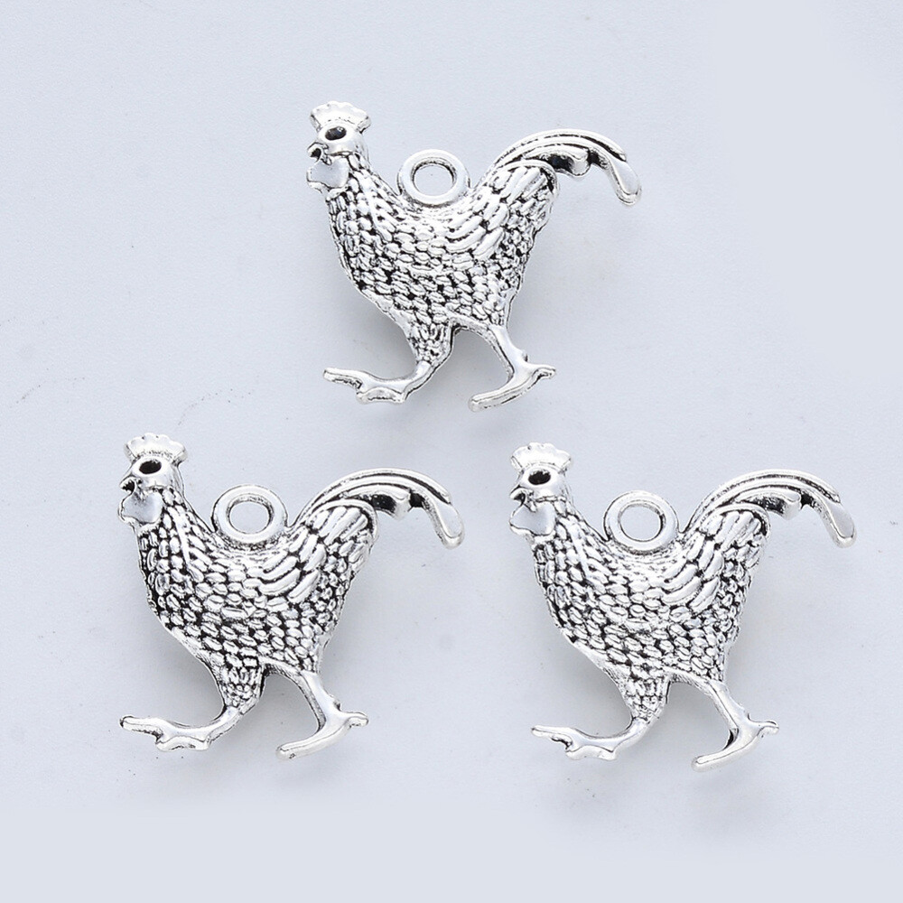 4 Rooster Charms Chicken Pendants Antiqued Silver Farm Animal Pendants 2 Sided