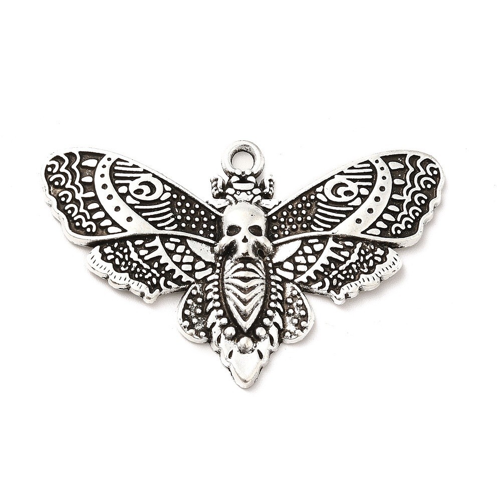 Moth Charm Skull Pendant Death’s Head Hawk Antiqued Silver Gothic Flash 43mm