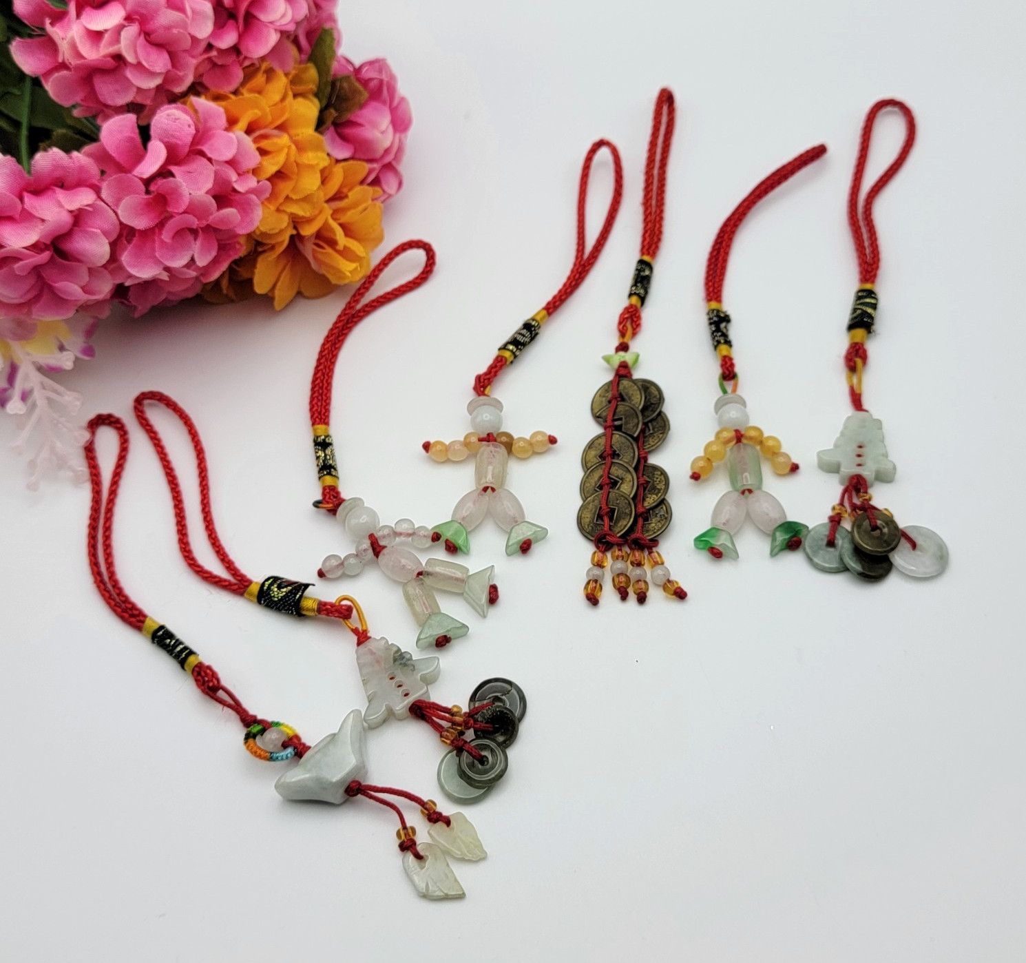 Chinese Lucky Charm Lot Of 7 Pieces Jade Agate Metal Mixed Materials Feng Shui