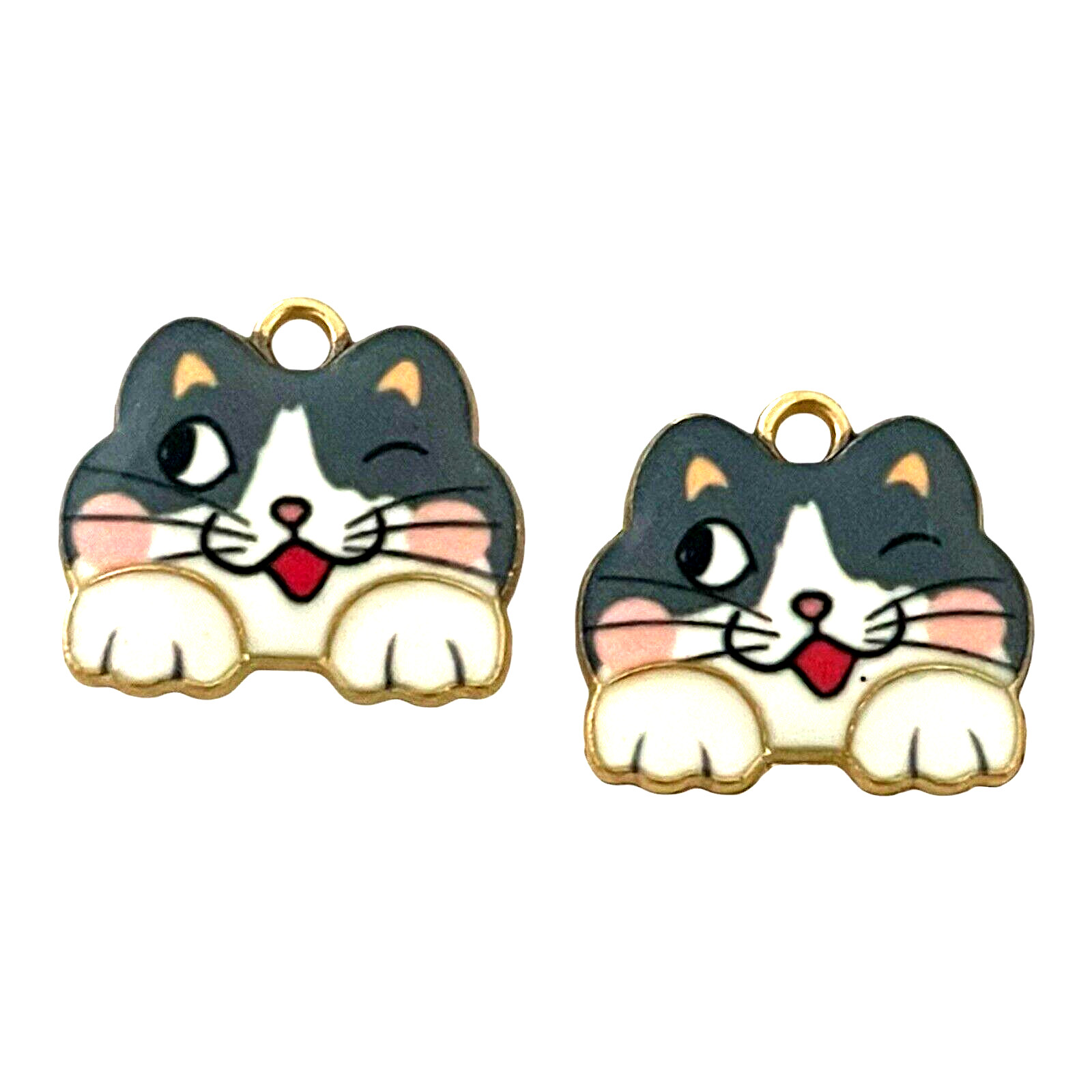 10 pcs Cat Charms Winking Bead Drops Findings Enamel Gold Gray White 18x16mm