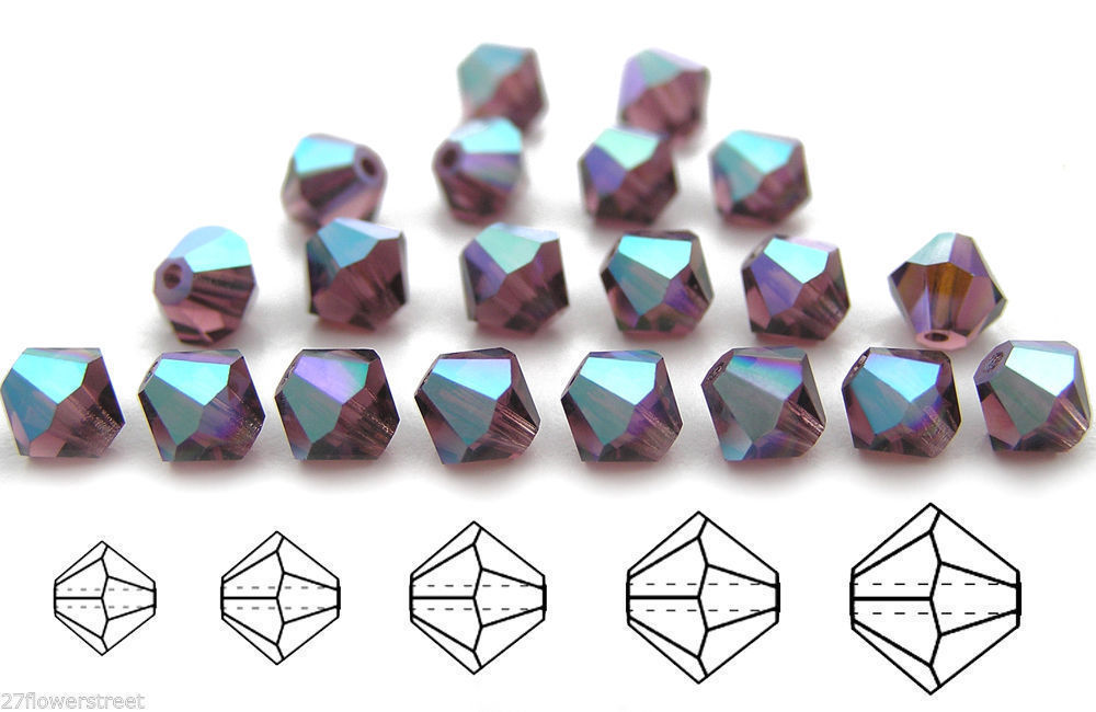 Czech Bicone Crystal Beads Amethyst AB coated purple Aurora Boreale Rondelle