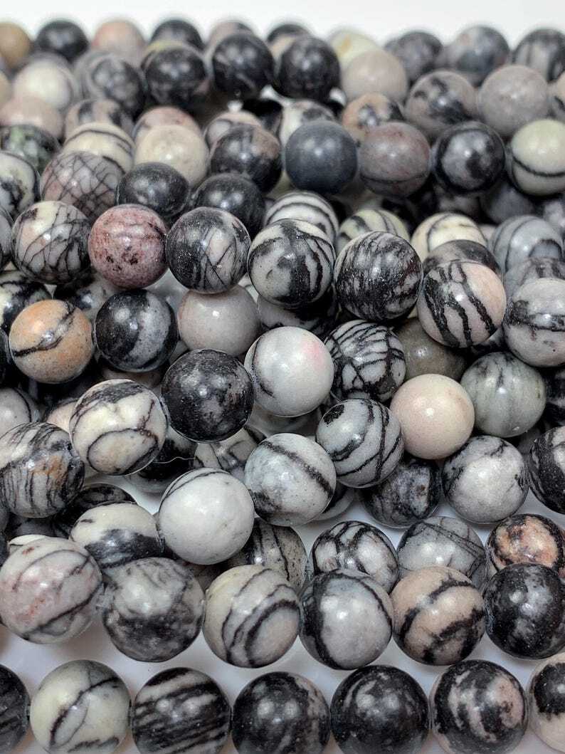Natural Black Spider Web Stripes Jasper Smooth Round Beads 15.5″ Strand Gemstone