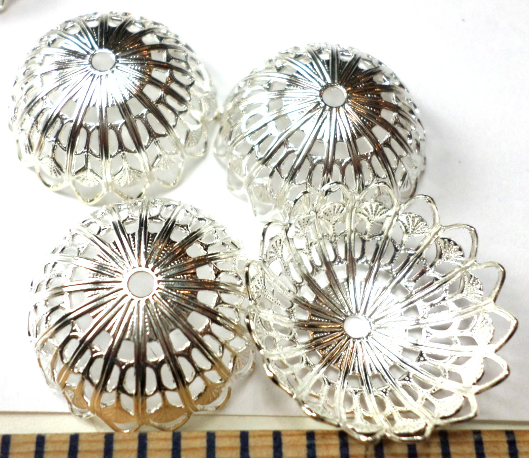 15 Vintage Shiny Silver Art Deco Filigree Round Huge Bell Bead Caps 26x10mm