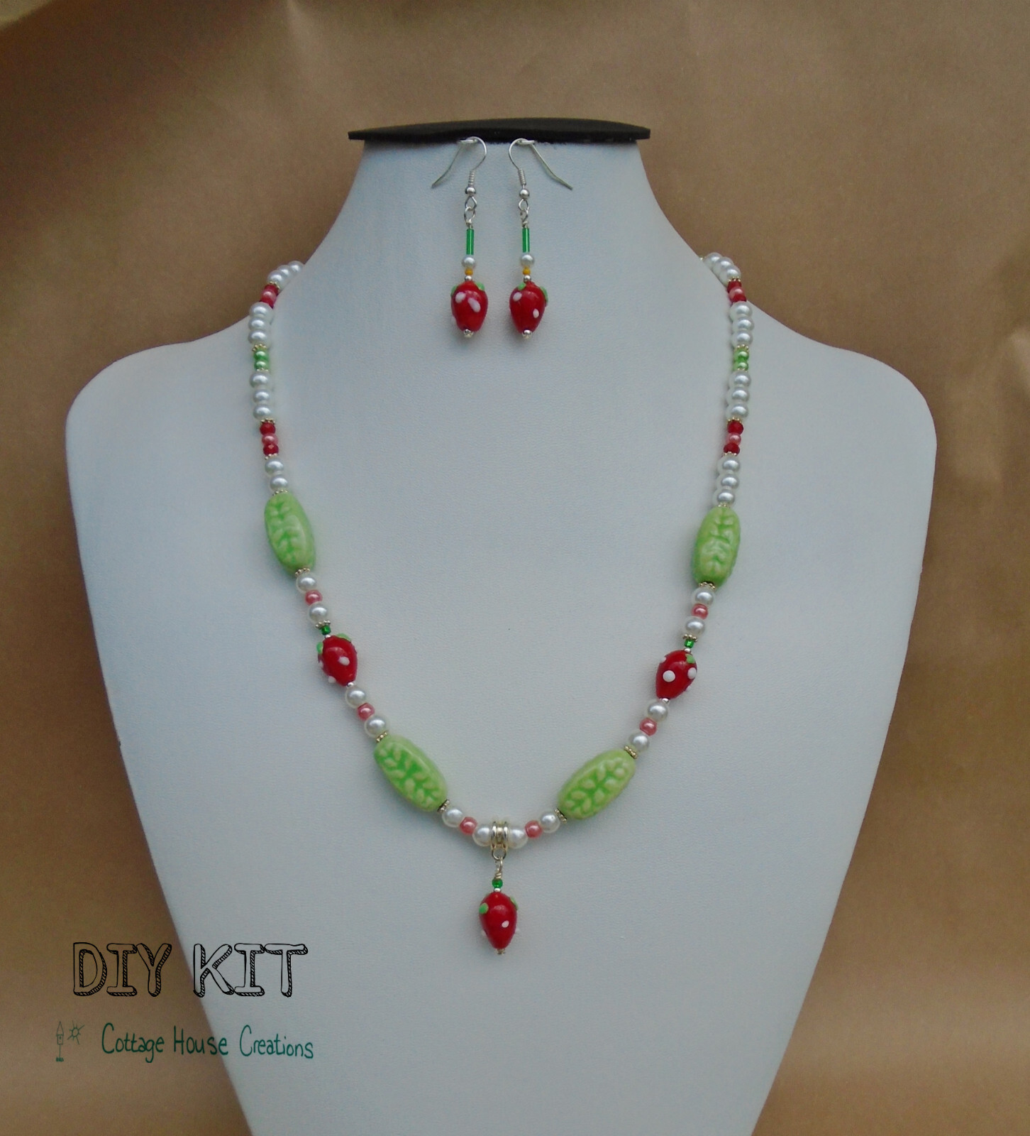 Strawberry Pearl Necklace Earring Glass Bead Jewelry Making Kit