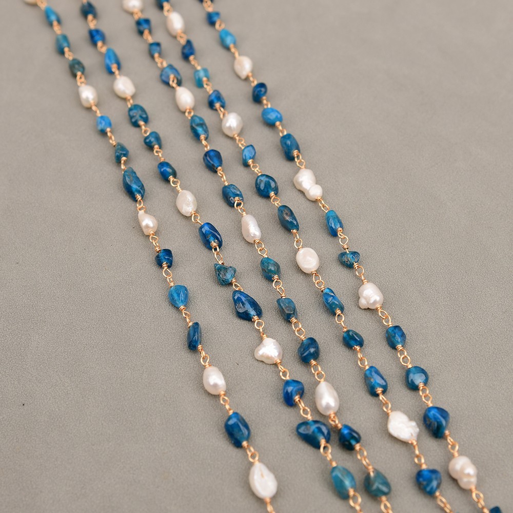 1 Meter Cultured White Keshi Pearl Blue Apatite Stone Chain DIY Jewelry making