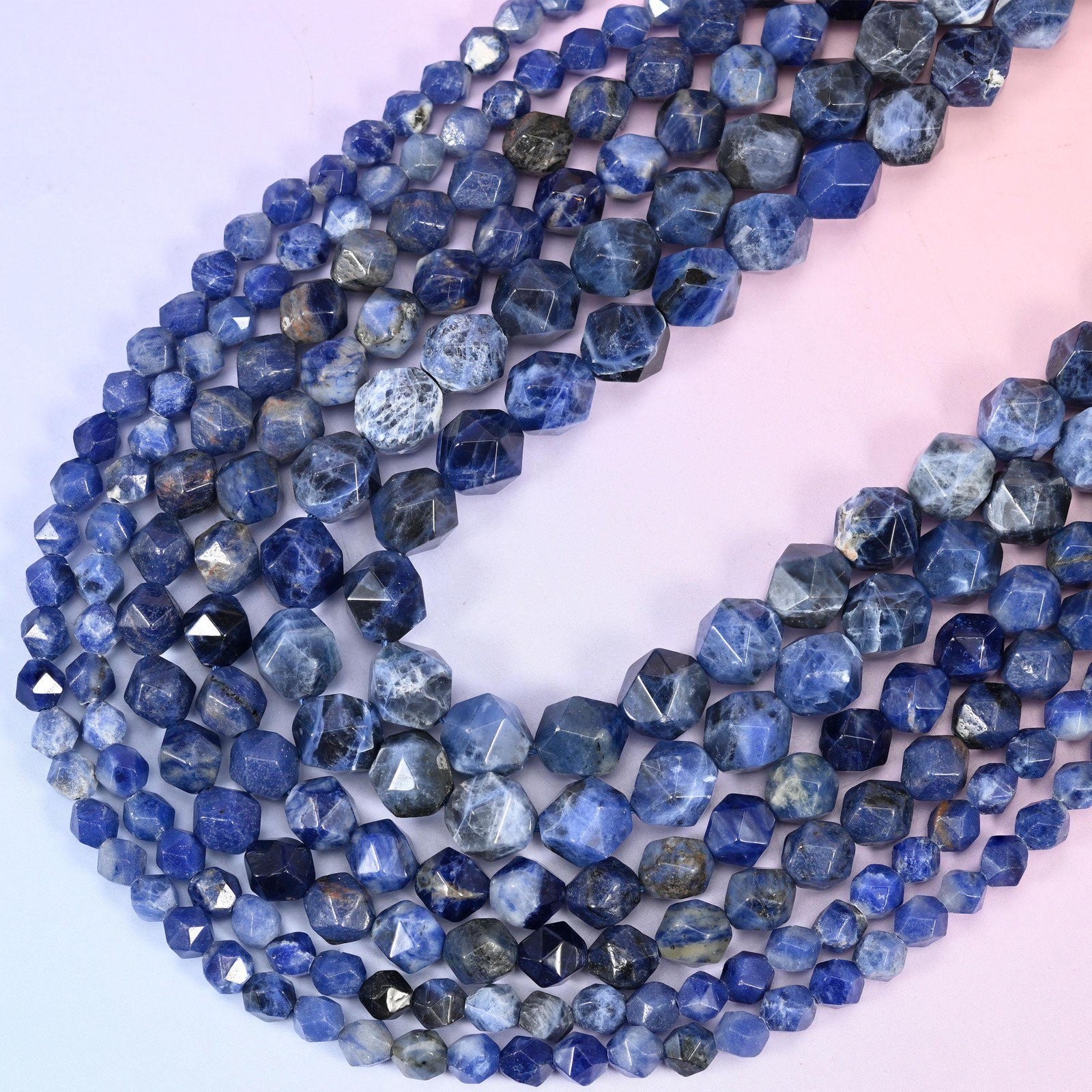 Blue Sodalite Beads: Faceted Diamond Star Cut, 6-10mm, 15.5 inch Strand